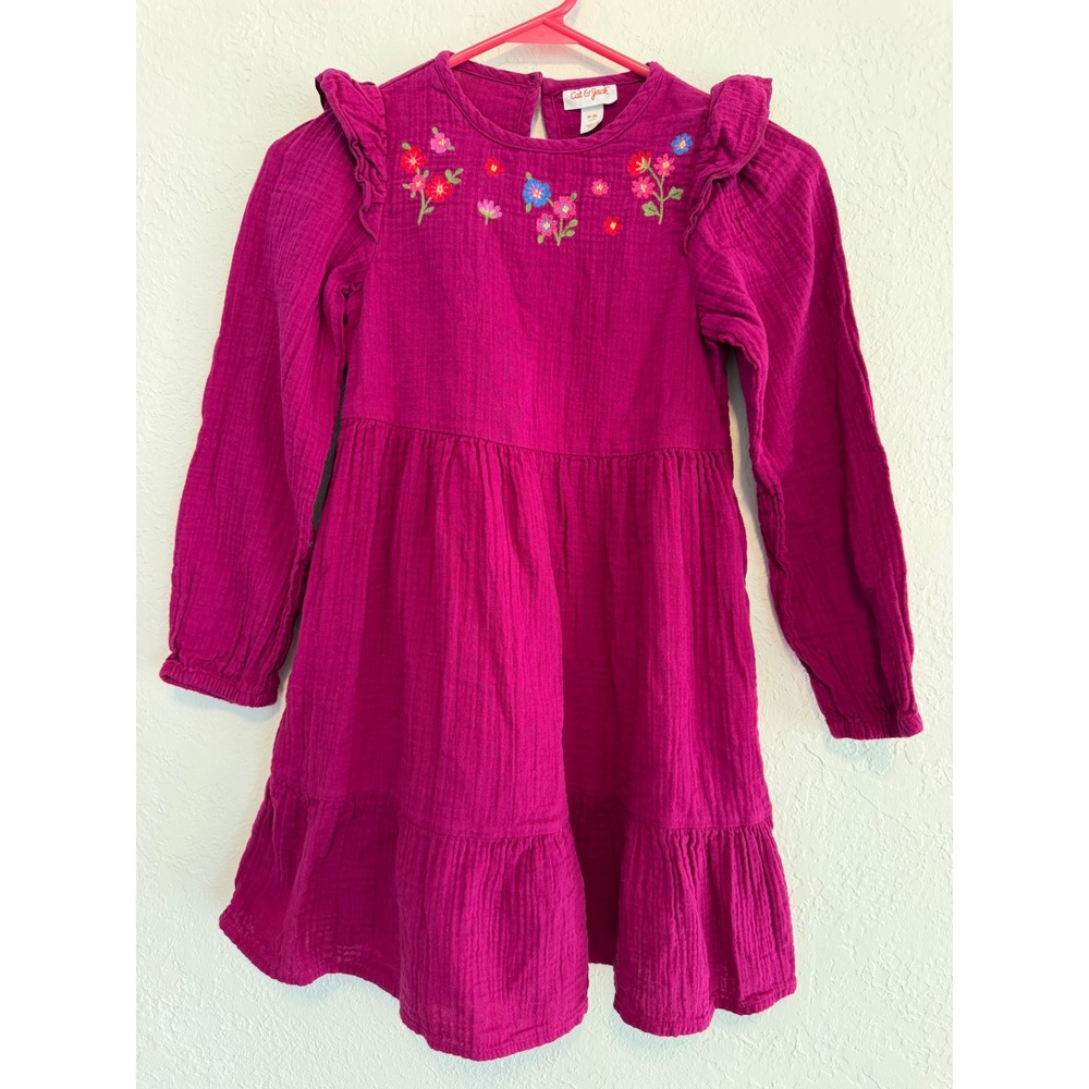 Cat & Jack Girls Magenta Floral Embroidered Gauze Tiered Dress Size M 8